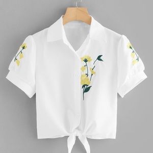 Embroidered Button Front Tie Front White Crop Top